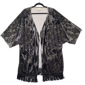 One World Women's Plus 3X Boho Velvet Burnout Fringe Kimono Robe Y2K Fairy Gypsy